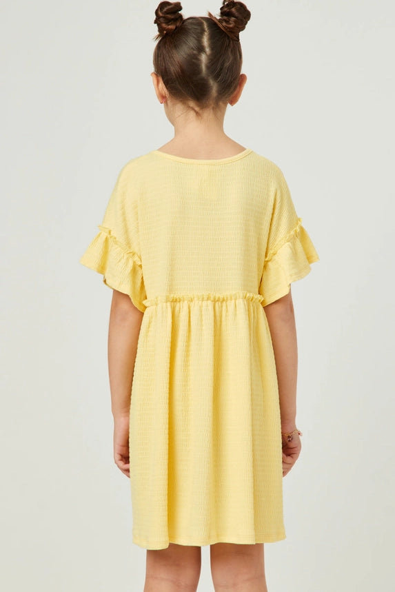 Yellow Smocked Knit Ruffled Sleeve Dress