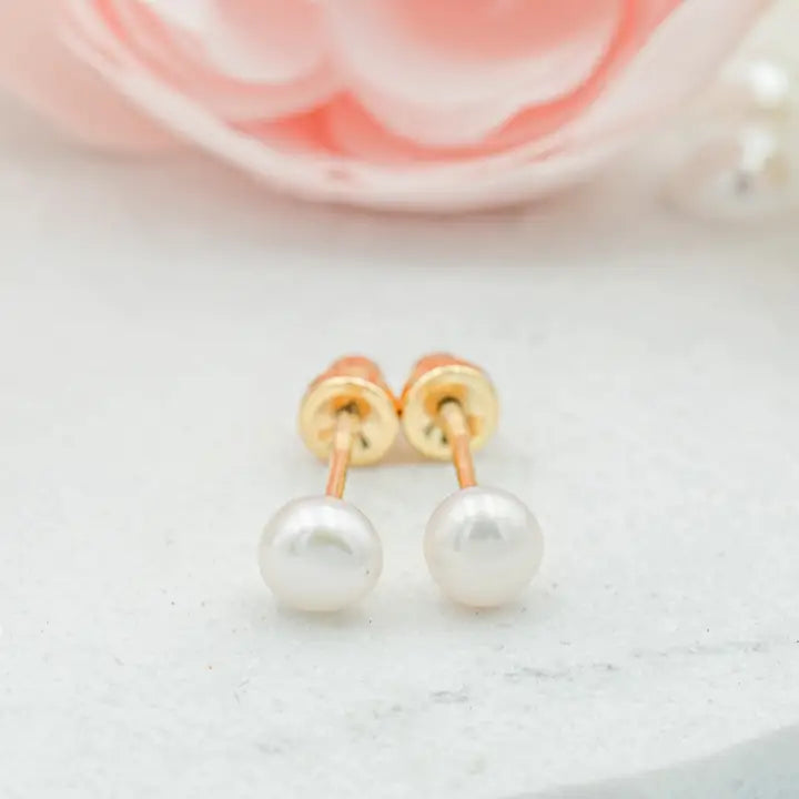 14K Gold-Plated White Pearl Earrings with Screw Back