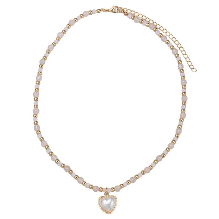 Stone Beaded Heart Pearl Necklace