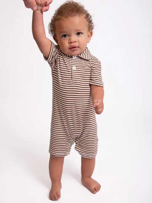 SS Polo Romper, Choc Stripes