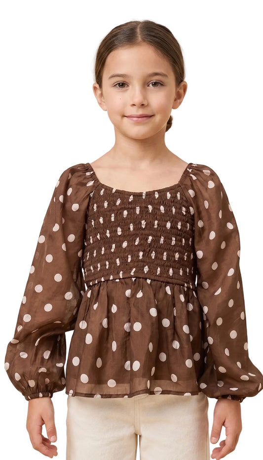 Brown Smocked Polka Dot Peplum Top