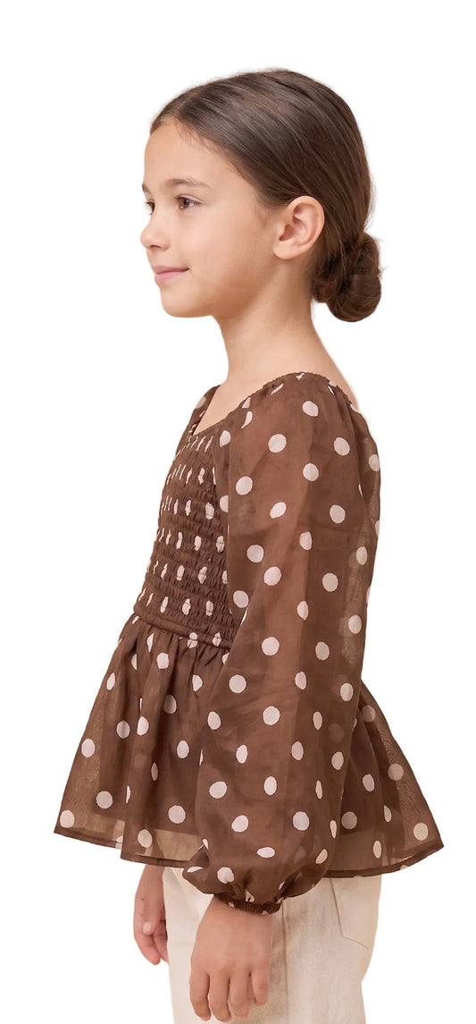Brown Smocked Polka Dot Peplum Top